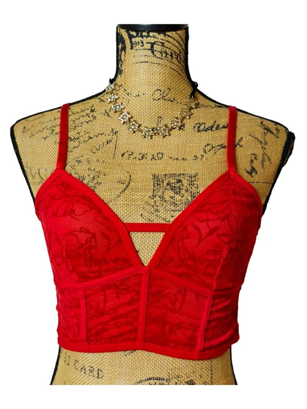 Auden Women M Bralette Crop Top Red Lace Floral Sheer Hip Preppy Sexy Festive
